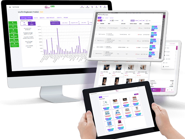 Tampilan antarmuka dashboard baru Kasair POS di monitor komputer dan tablet untuk analitik penjualan