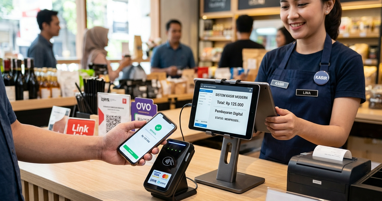 payment Pelanggan melakukan pembayaran cashless dengan smartphone pada mesin kasir POS tablet di toko retail.
