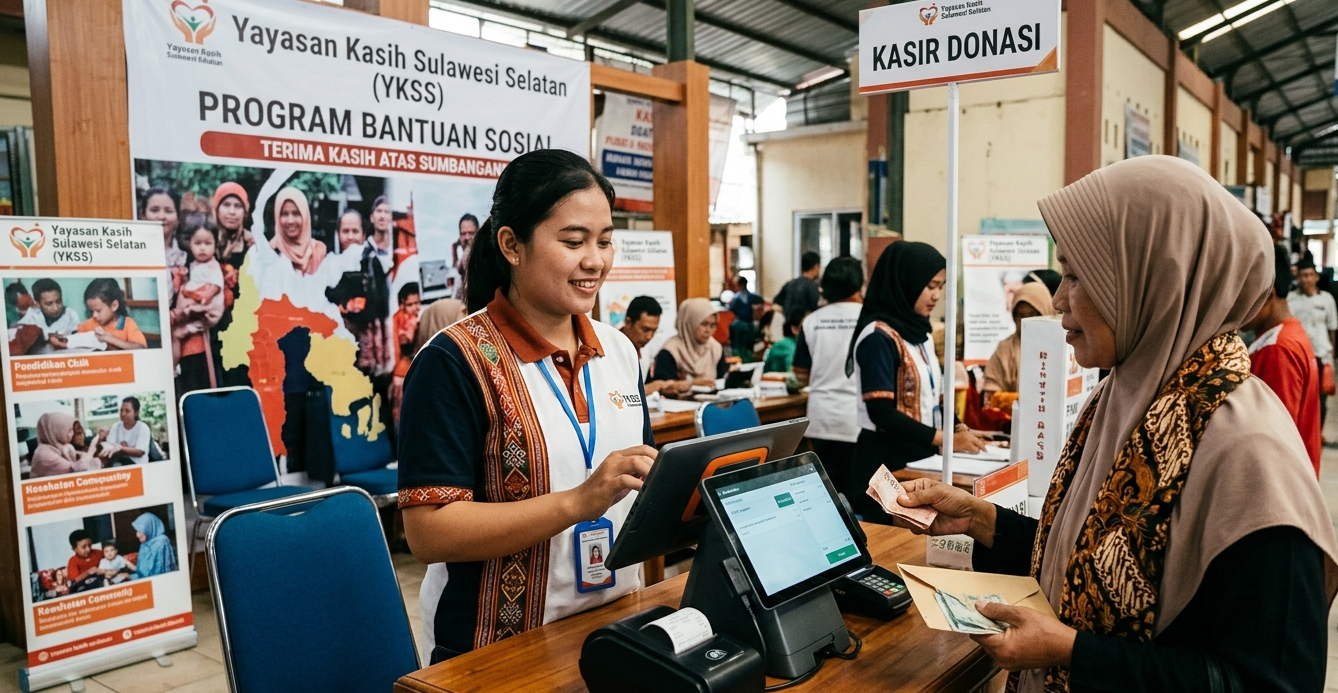 donasi Sistem kasir donasi digital di acara amal Yayasan Kasih Sulawesi Selatan (YKSS) dengan staff lokal Toraja.
