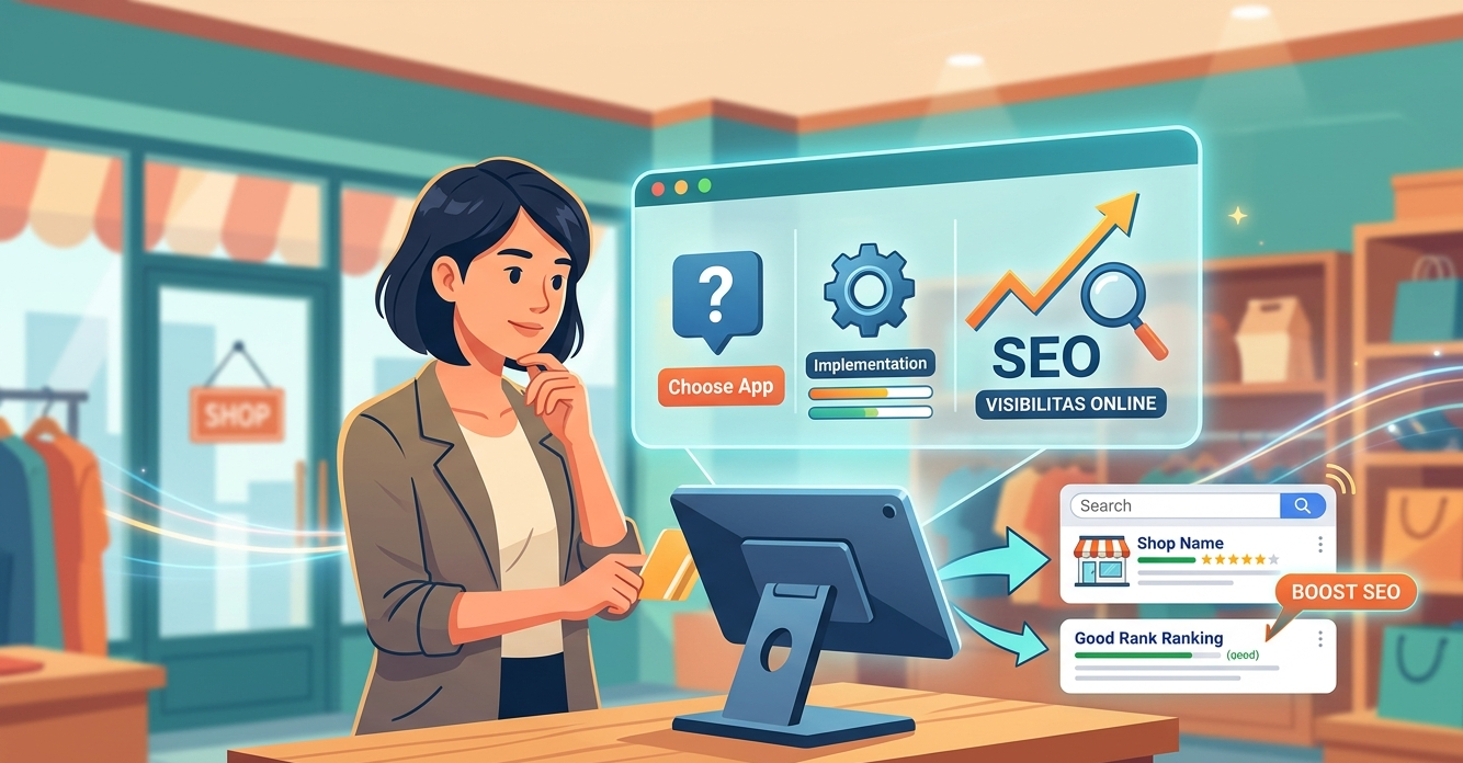 Ilustrasi pemilik usaha wanita memikirkan tantangan pemilihan aplikasi kasir POS dan implementasi SEO untuk visibilitas toko online.