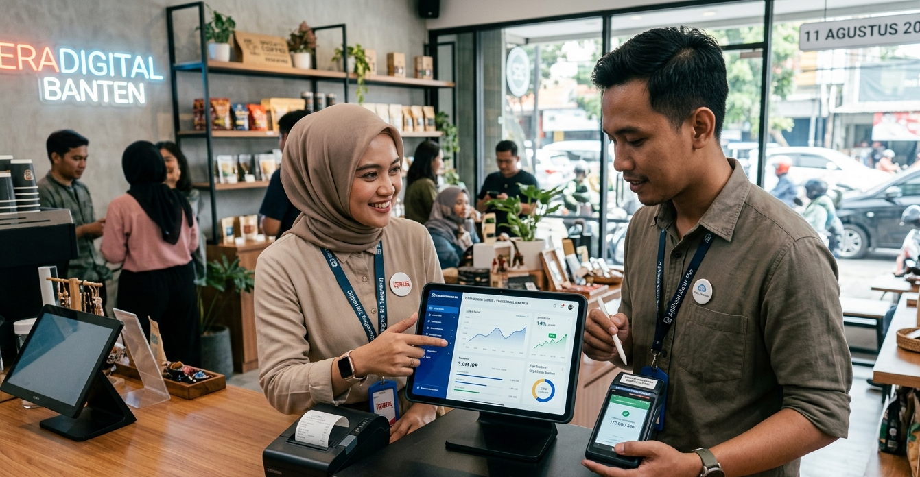 transformasi-digital Penggunaan teknologi digital dan sistem kasir tablet untuk modernisasi transaksi bisnis di era digital.