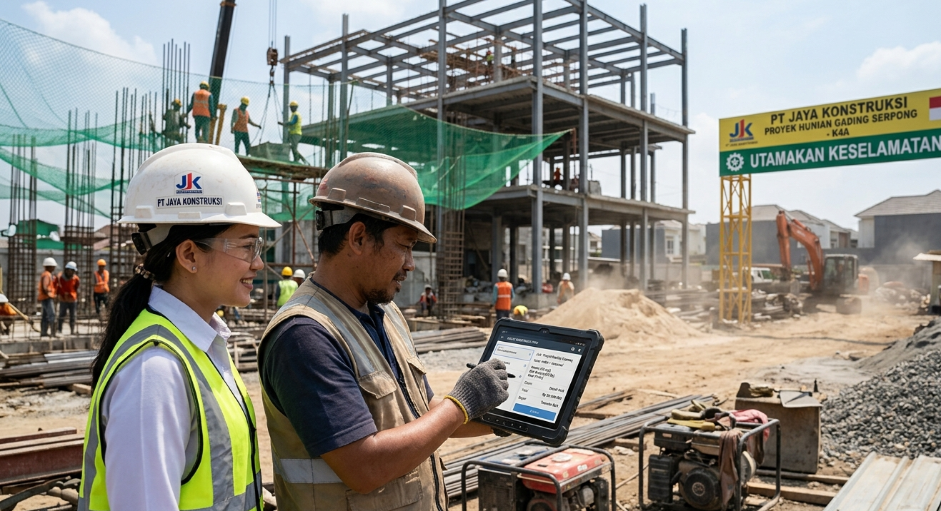 kontruksi Manajer proyek dan pekerja konstruksi mengoperasikan aplikasi kasir dan pencatatan transaksi pada tablet di lokasi proyek bangunan.