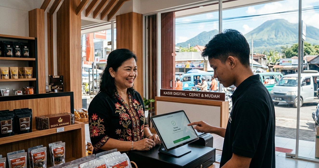 Pemilik UMKM toko oleh-oleh lokal tersenyum saat pelanggan menyelesaikan pembayaran melalui tablet aplikasi kasir digital.