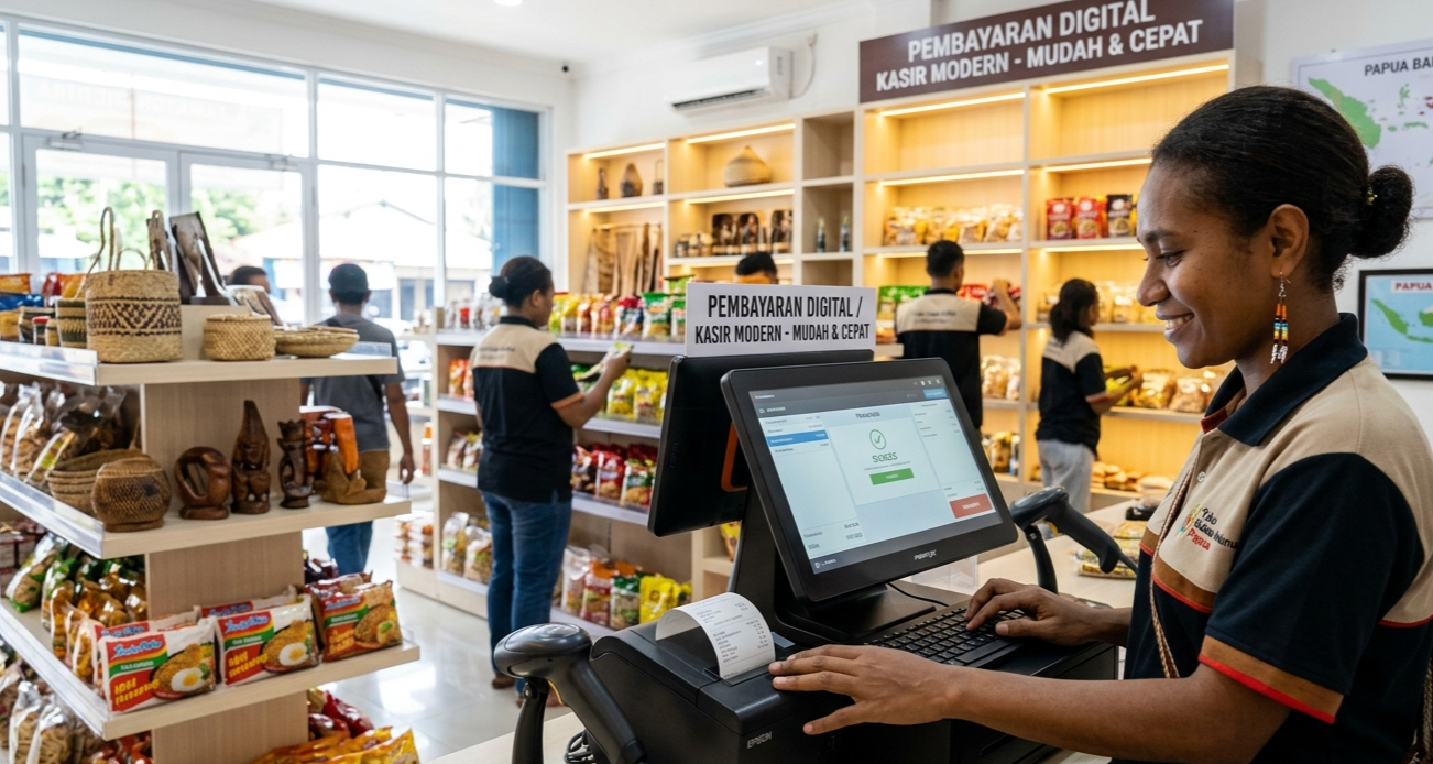 Kasir wanita Papua tersenyum mengoperasikan komputer kasir POS digital di toko ritel modern.
