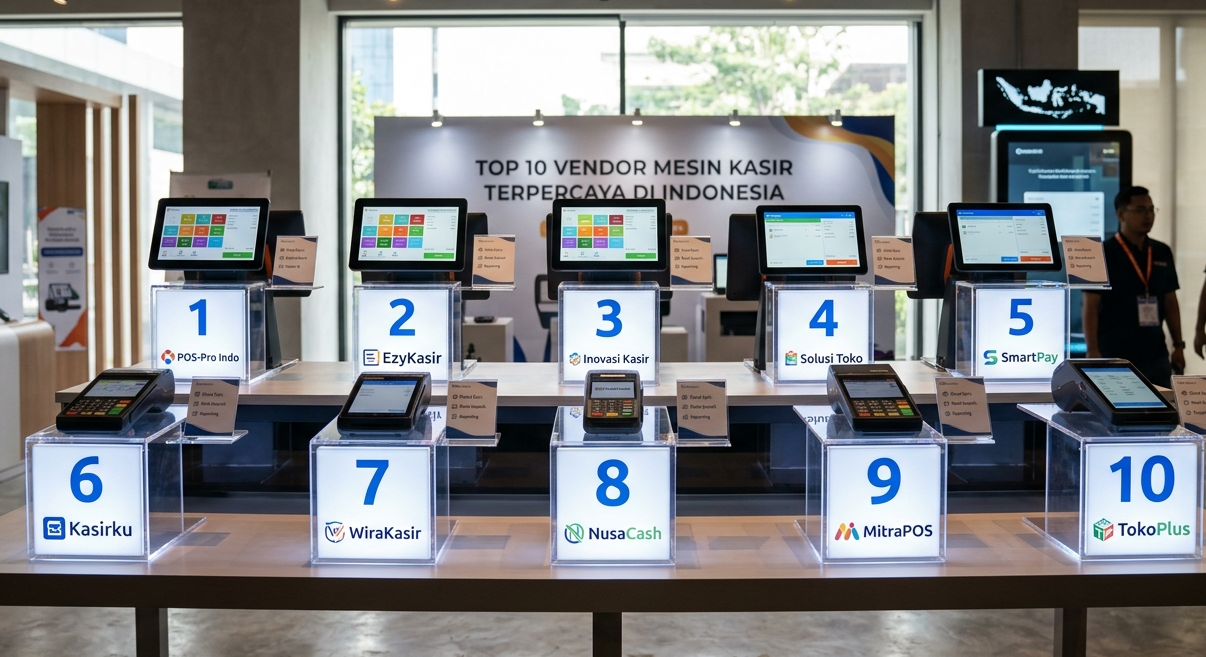 Deretan 10 perangkat mesin kasir POS dan terminal EDC terpercaya di Indonesia yang dipamerkan di atas stan etalase.