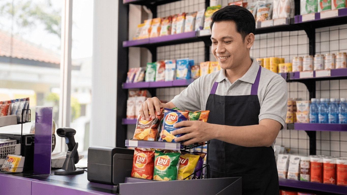 Staf toko minimarket tersenyum sambil merapikan stok makanan ringan di area meja kasir menggunakan Kasair POS